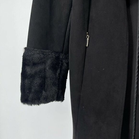 T Tahari Black Coat Draped Open Front Faux Fur Trim Vegan Microsuede Chic Size L - Picture 7 of 10